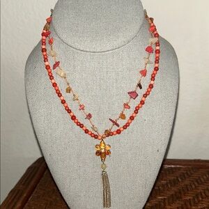 Coral Bead & Gemstone Layered Necklace with Flower Tassel